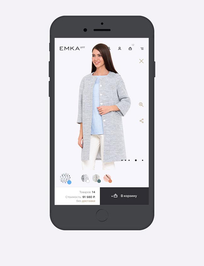 Дизайн мобильной версии карточки товара оптового интернет-магазина женской одежды Emka с описанием.