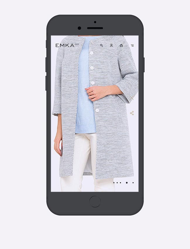 Дизайн мобильной версии карточки товара оптового интернет-магазина женской одежды Emka с описанием.